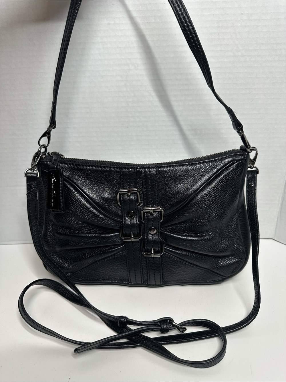 Kenneth Cole Black Leather Buckled Shoulder Bag